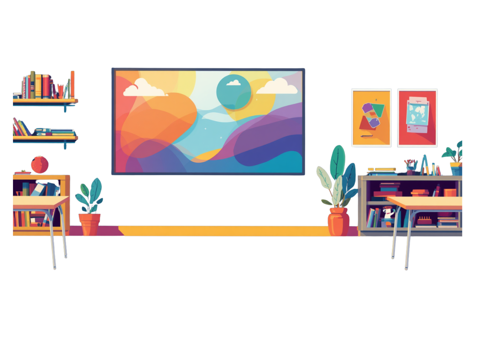 Illustrated classroom with a Clevertouch interactive display