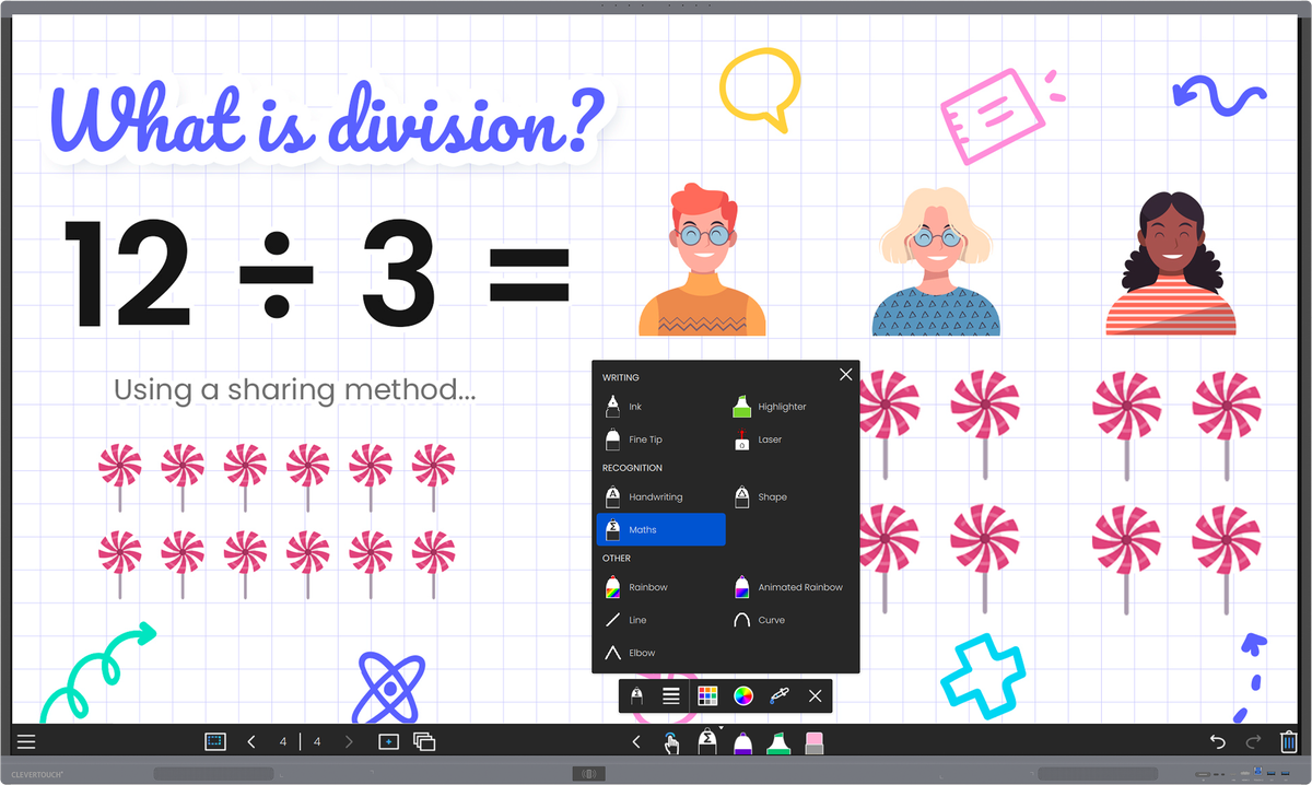 Clevertouch Pro Series 3 running a LYNX Whiteboard maths lesson on division