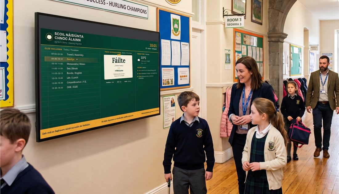 Pupils and a teacher beside a Clevertouch digital signage display in an Irish primary school corridor